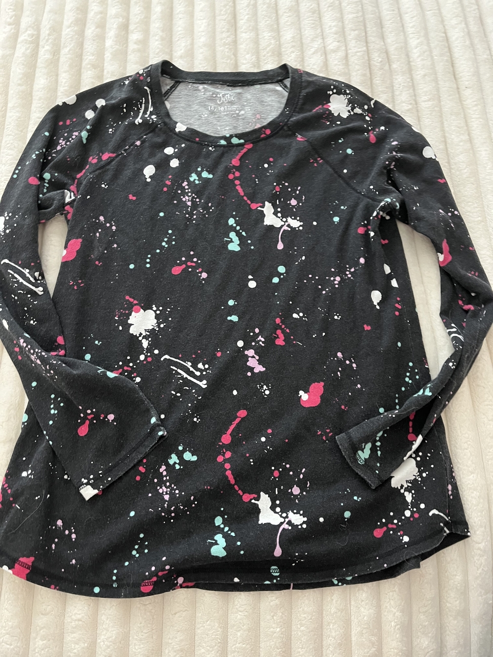 Justice Girls Black Long Sleeve Tee with Pink, Teal & White Paint Splatter